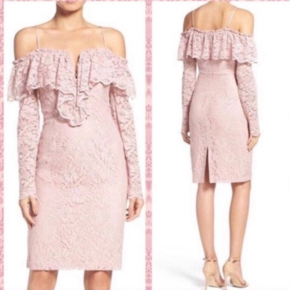 Bardot pink lace longsleeve cocktail dress off shoulder S